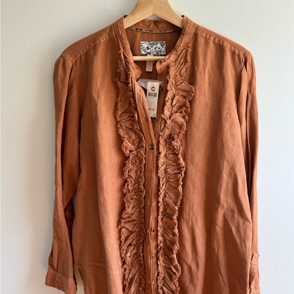 Anthropologie NWT Pilcro Brown Button Down Shirt with Ruffle Detail